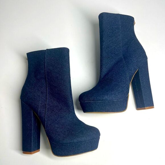 Shoe Dazzle Wesley Denim Platform Block Heels Boots Size 8 - Picture 1 of 10